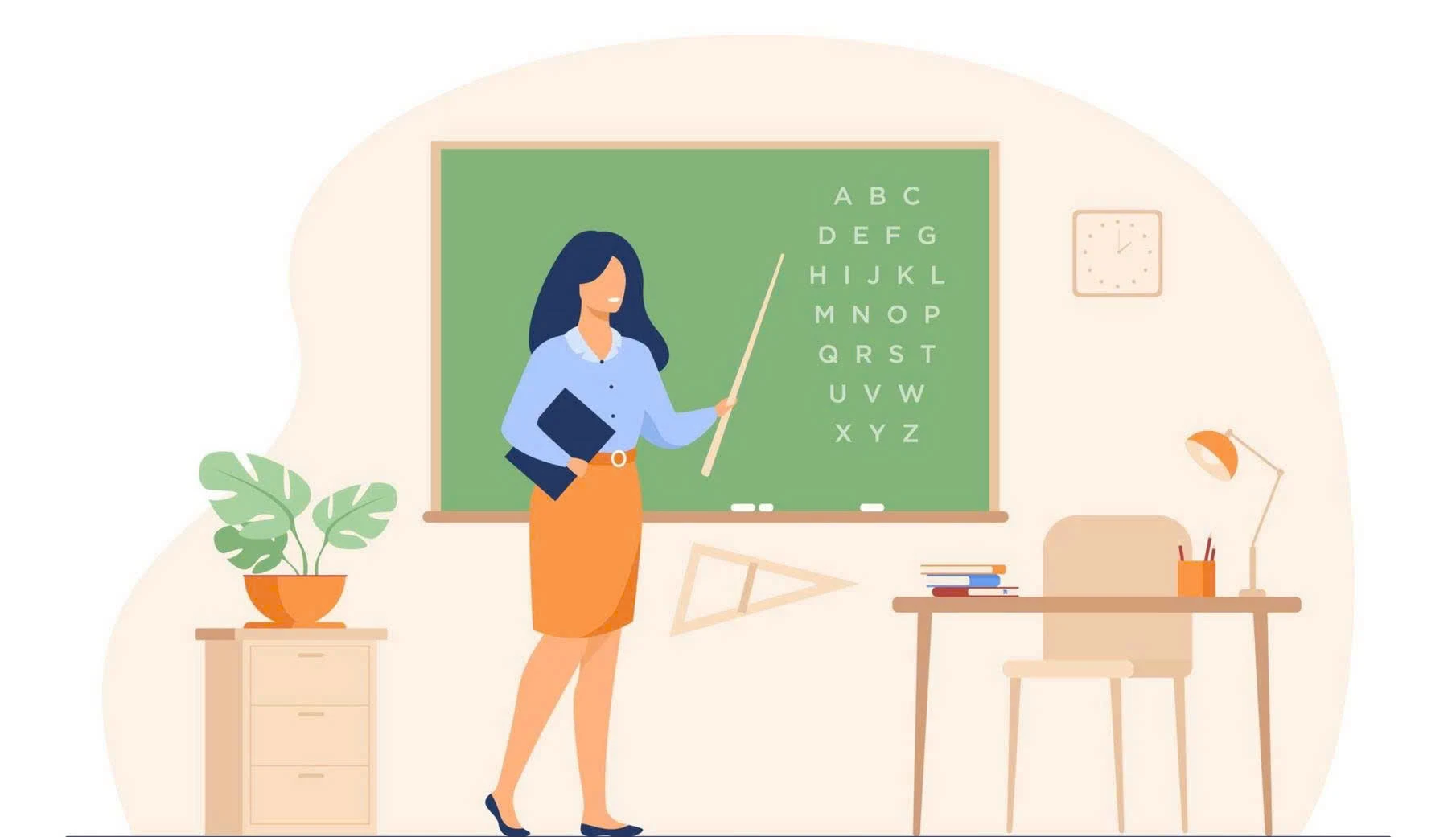 a woman standing in front of a chalkboard